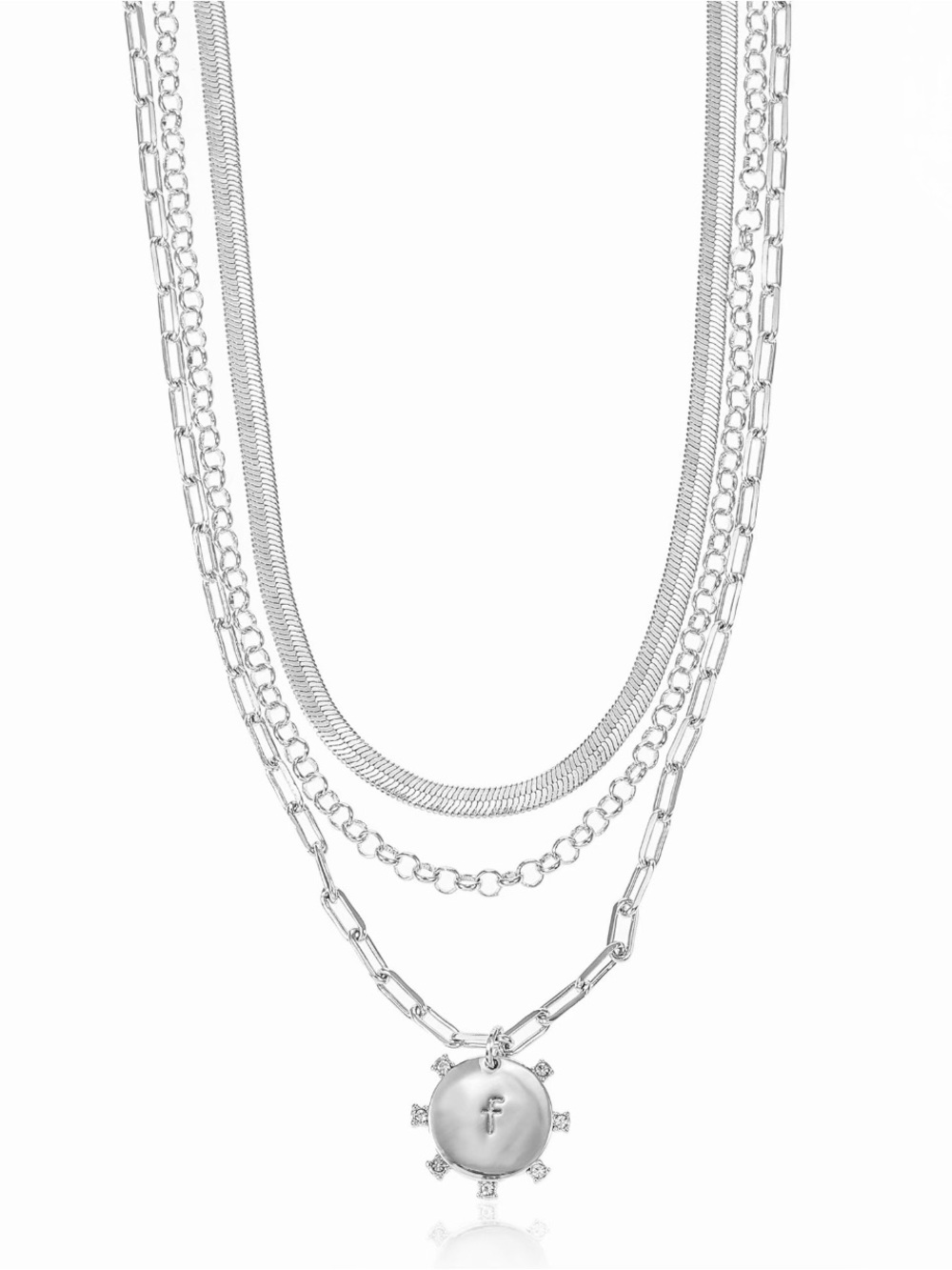 3 Piece Layered Silver Chain Necklace with Round Initial ‘f’ Pendant